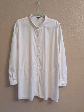 Eileen Fisher White Organic Cotton Spandex Button-Front Tunic Shirt